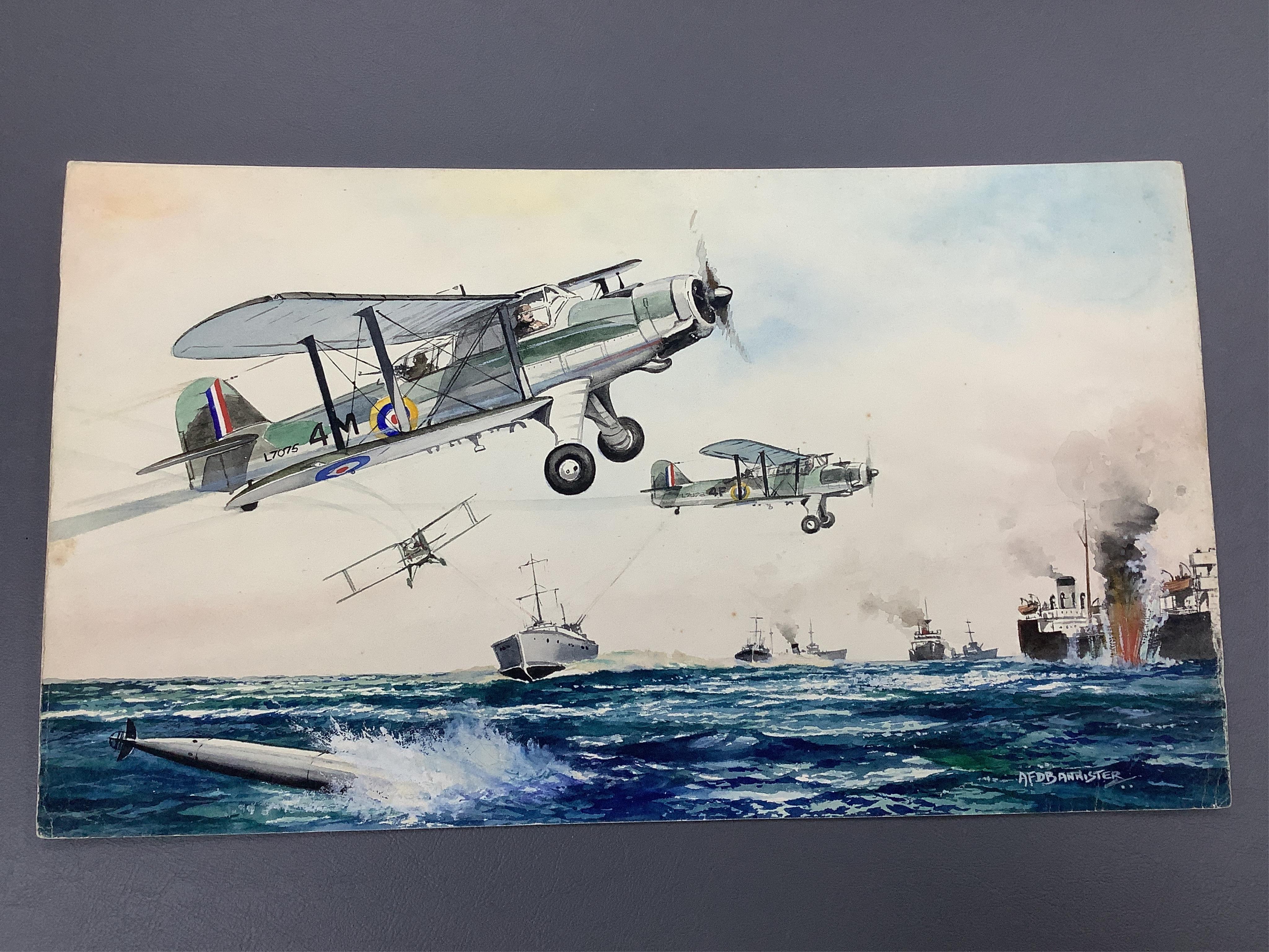 AFD Bannister, set of three original WWII watercolours for post card designs, Fleet Air Arm Aircraft to include ‘Blackburn Skuas attacking German Warships’ and ‘Fairey Albacore Torpedo Carriers Attacking a German Convoy’